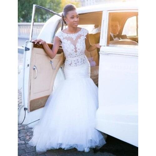 African Bride Wedding Dresses Mermaid Cap Sleeve Open Backless White Lace Tulle Beading Belt Bridal Gowns Custom Made Plus Size