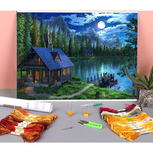 Nature Landscape Printed Fabric 11CT Cross Stitch Complete Kit Embroidery DMC Threads Painting Knitting Craft Sewing Decor