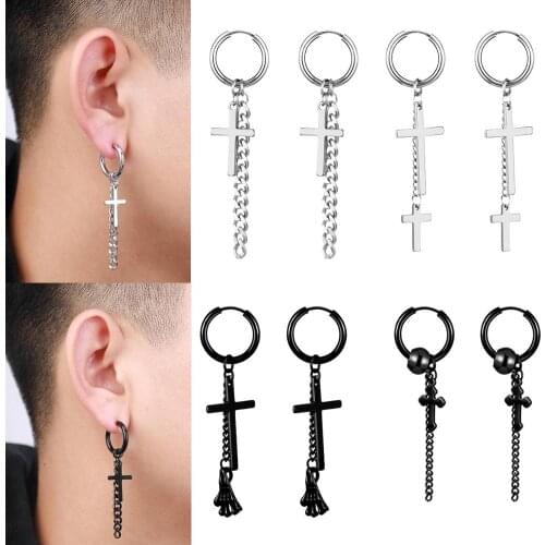 Unisex Punk Cross Huggie Hoop Earrings for Men Women Stainless Steel Black/Silver Color Long Tassel Chain Dangle Earings Jewelry