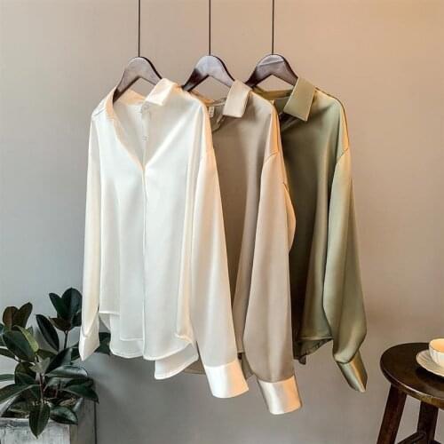 Satin Chiffon Women Shirts Summer New 2021 Turn-Down Collar Long-Sleeved Solid Loose Vintage Office Lady Elegant Outwear Tops