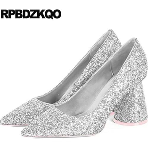 2018 size 4 34 sparkling sequin chunky women silver prom pointed toe pumps dress high heels glitter 3 inch pink wedding shoes