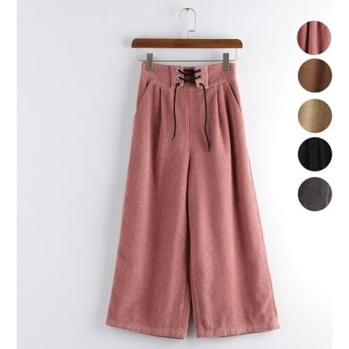 Winter Women Corduroy Wide Leg Pants 2019 Autumn Elastic Waist Loose trousers Fashion Oversized baggy Warm Pants A72307
