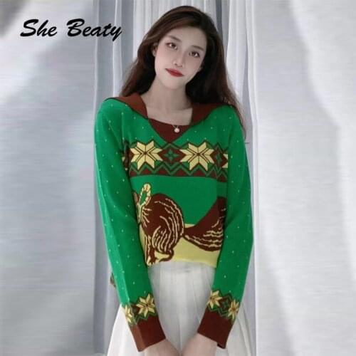 She Beaty Knitted Sweater Pullovers Women 2021 Autumn Winter Turn-Down Collar Animal Cat Casual Green Traf Top Za Koren Clothing