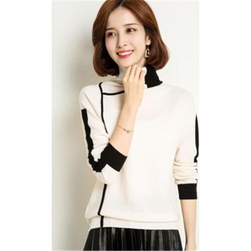 Pure wool knit women korean style patchwork high collar short pullover sweater contrast color M-XL retail wholesale
