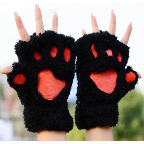 Winter Women lovely Bear Cat Claw Paw Mitten Plush Gloves Short Finger Grey Coffee Khaki Beige Black Green