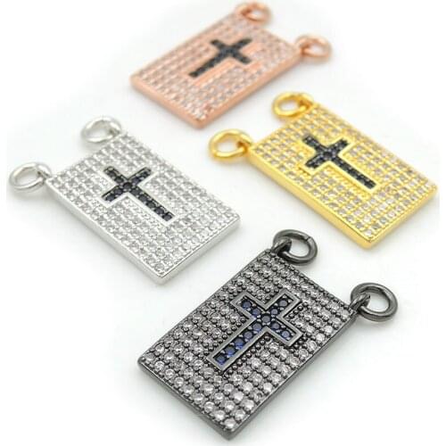 18*12*2mm Micro Pave Clear&Blue CZ Cross Relief Rectangle Charms Of Double Loops Fit For Men And Women Making Necklaces Jewelry