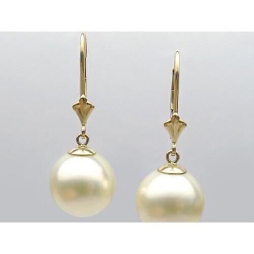 AAA 12MM Round Light Golden Real South Sea Pearl Drop Earrings 14K Yellow Gold