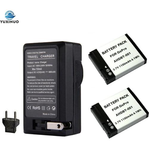 3.7V 1100mAh AHDBT-001 AHDBT001 Battery + AC Charger For GoPro Go Pro HD Hero 1 2 Hero1 Hero2 Motorsports Surf Outdoor 960 1080P