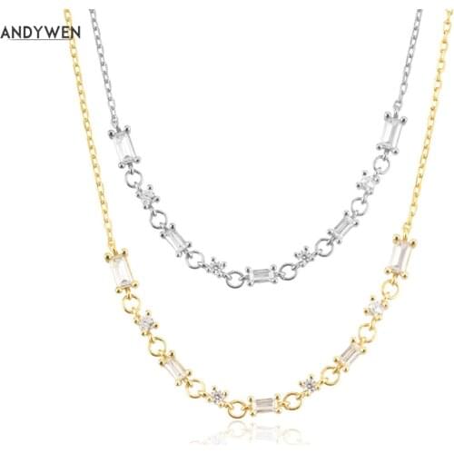 ANDYWEN 925 Sterling Silver Gold Crystal Zircon Charm Chain Choker Necklace Long Collar Luxury Jewelry Fine Wedding Party Jewels
