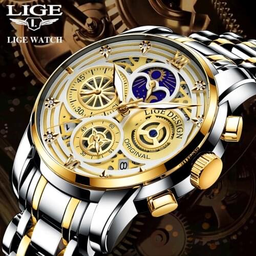 Men Watch LIGE Top Brand Luxury Casual Sport Watches For Men Stainless Steel Wrist Watch Man Clock Fashion Moon Phase Wristwatch