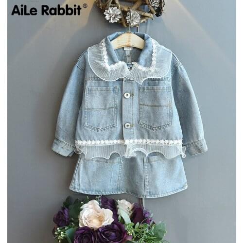 Baby Autumn Suit 2021 New Girls' Denim Skirt Childrens Lace Dress Medium And Small Childrens Two-piece Set