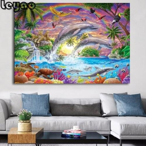 DIY 5D Diamond Painting Mosaic Scenic Sunset And Dolphins rainbow Handmade Diamond Cross stitch Set Diamond Embroidery