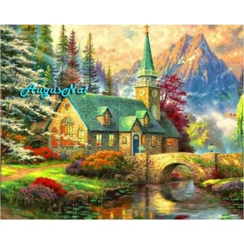 House diamond painting mountain wall art bridge mosaic cross stitch crystal rhinestone pasted scenery home decor resin crafts