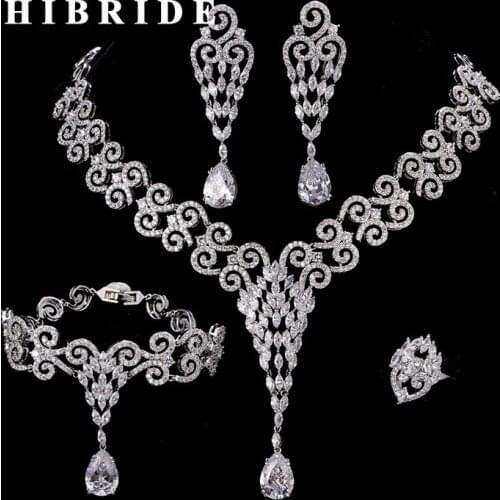 HIBRIDE High Quality White Micro CZ Stone Pave 4 Pieces Women Jewelry Sets Necklace/Ring/Bracelet/Earing For Bridal N-207