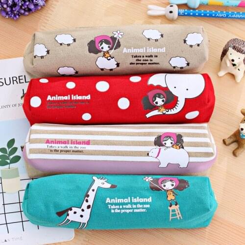Lovely Girl Canvas Pencil Case Cute Kawaii Cartoon Fabric Zipper Animal Pencil Bag For Kids School Supplies Free Shipping