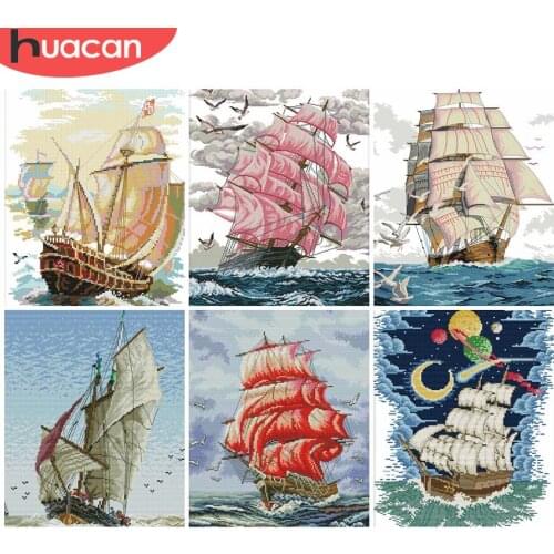 HUACAN Embroidery Sailboat White Canvas 11CT 14CT DIY Gift Sets Cross Stitch Scenery Kits Home Decoration Needlework