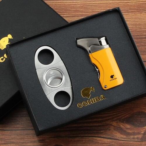 COHIBA Lighter Cutter Cigar Accessories Set Metal Windproof Butane Gas C Torch Lighters Stainless Steel Sharp Cigar Cutter