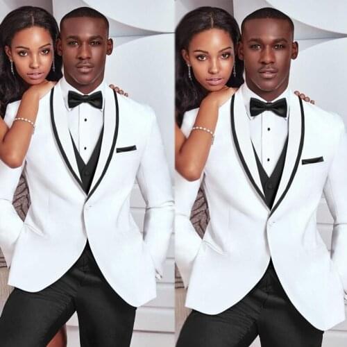 Handsome White Groom Wedding Tuxedos High Quality Slim Fit Mens Suits Black Shawl Lapel One Button Prom Party Blazer 2 Pieces