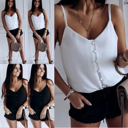 2019 Women Fashion Summer Casual Tank Tops Vest Blouse Sleeveless Crop Shirt Lot Button Spaghetti Strap Sleeveless