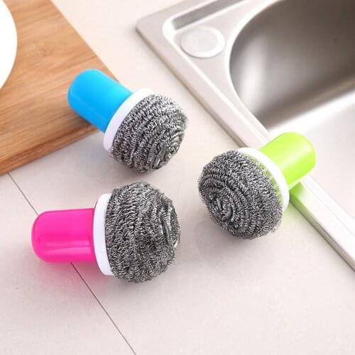 Kitchen Stainless Steel Wire Ball With Handle Clean Brush For Dish Bowl Pan Clean Metal Scrubber Ball Household Cleaning Tools