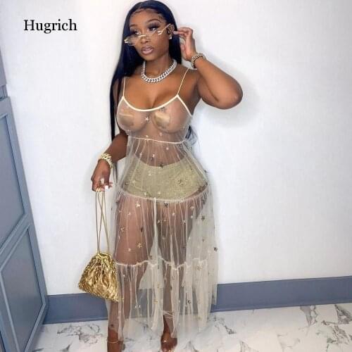 Summer Sexy Mesh Beach Maxi Dresses Women Spaghetti Strap Ruffle Robe Swimwear New Fashion Backless Swimsuit Cover Up