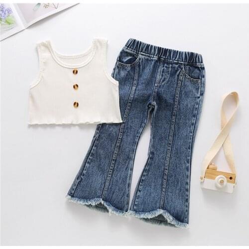 2Pcs Toddler Summer Outfits, Baby Girl Solid Color Round Neck Button Tank Top + Frayed Hem Pocket Flared Jeans 18Months-6Years