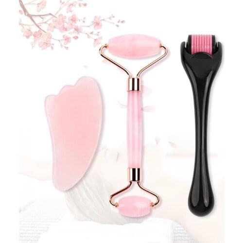 Natural Rose Quartz Jade Roller Facial Eye Body Massager Roller Jade Stone Gua sha Scraper Face Tools with derma roller 0.3mm