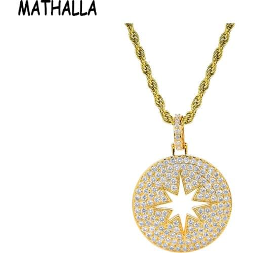 MATHALLA Round Hollow Star Pendant Necklace Micro-Inlaid Zircon With Stainless Steel Rope Chain Hip Hop Jewelry Gift