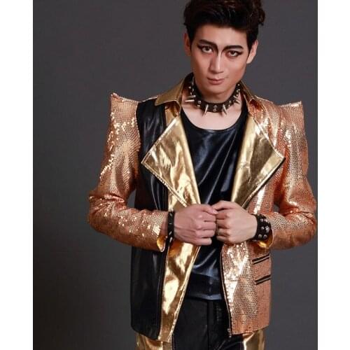 Nightclub Male Singer Costume Gold Sequined Coat DJ Hiphop Jazz Performance Suit Men Rave Clothes Shiny Stage Outfit DNV13873
