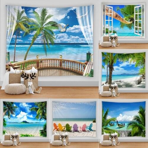Sun Sea Tapestry Ocean Beach Wall Hanging Water Landscape Beach Decoration Blue Cloud Blue Frothy Blanket Polyester Handmade