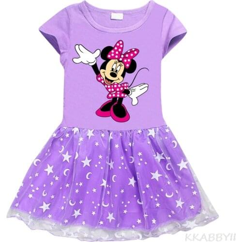 New European And American Girls Dress Cotton Minnie Mickey Mouse Cartoon Star Moon Gauze Short Sleeve Skirt
