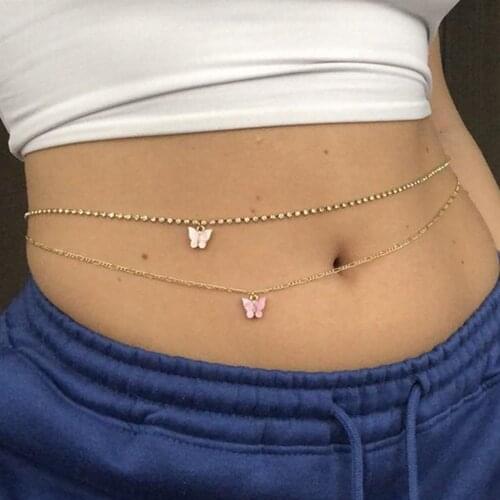 Single One Butterfly Rhinestone Sexy Waist Chain Belt Body Jewelry for Women Crystal Tennis Chain Belly Chain Bikini Waistband