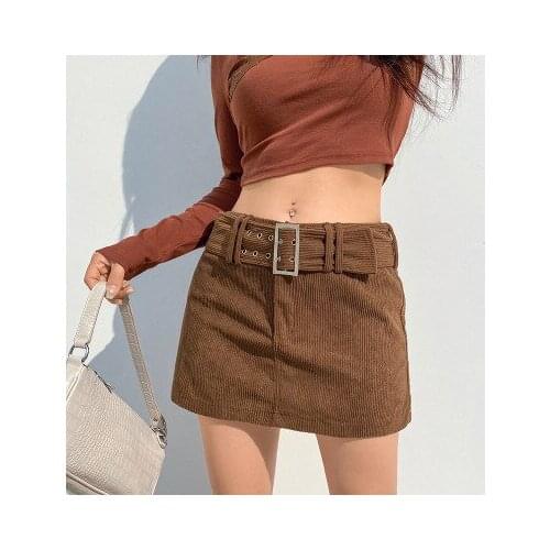 Mid-waist Belt Slim Fit Bag Hip Retro Corduroy Short Skirt Female Fashion All-match Harajuku Skirt Womans New Spring Summer