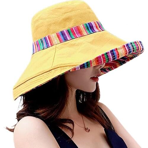 Summer Caps Unique Fisherman Hat Bohemian Style Color Patchwork Double-Sided Cotton Women Sun Shade Bucket Hat for Travel