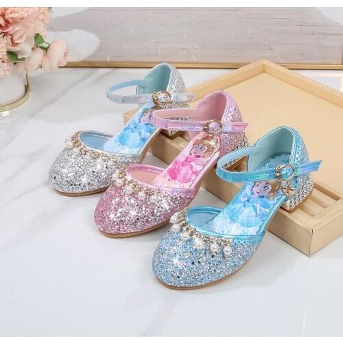 Disney Elsa girls princess shoes spring 2021 new childrens Korean crystal shoes little girl model show high heels