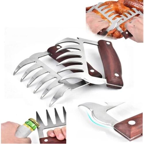 2PCS Meat Clamp Shredder Stainless Steel Flesh Separator Kitchen Bear Claw Wooden Handle Meat Flesh Divided Tools for BBQ