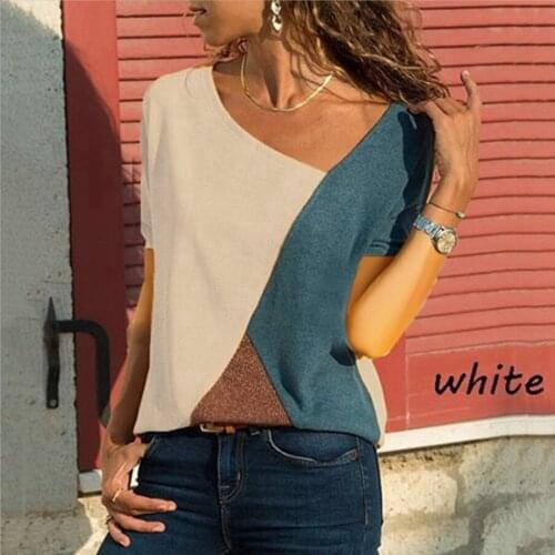 Womens Summer Short Sleeve Casual Color Contrast Stitching T- Shirt Irregular Slant Collar Womens Loose Tops Plus Size