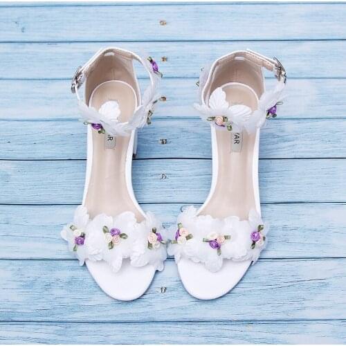 Girls Sneakers Sweet Small Size Womens Sandals A- line Buckle Hollow White Chiffon Flower Ceremony Fairy Shoes Bridesmaid Shoes