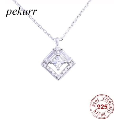 Pekurr Real 925 Sterling Silver Hollow Zircon Square Necklaces For Women Geometric Chain Collar Pendants Fashion Jewelry