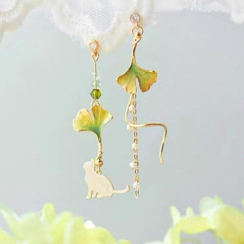 New Fashion Long Tassel Maple Leaf Cute Cat Drop Earring For Women Gold Simulation Pearl Crystal Boho Jewelry Accessories Bijoux