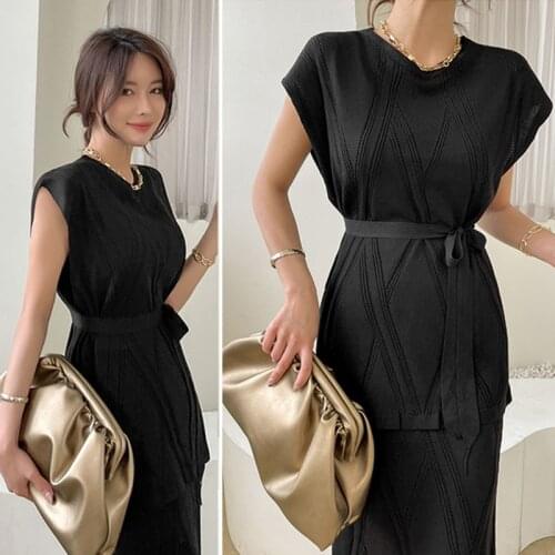 Summer Knitted Womens Suit Raglan Short Sleeve Lace-Up Slim Waist Loose Tops + A-line Skirts Sets Sweater Two Piece Set Women