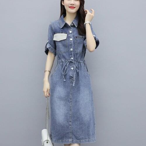 New Summer Style Vintage Denim Dresses Women Plus Size Turn-Down Collar Slim Pockets Solid A-line Jeans Dress Female Vestidos