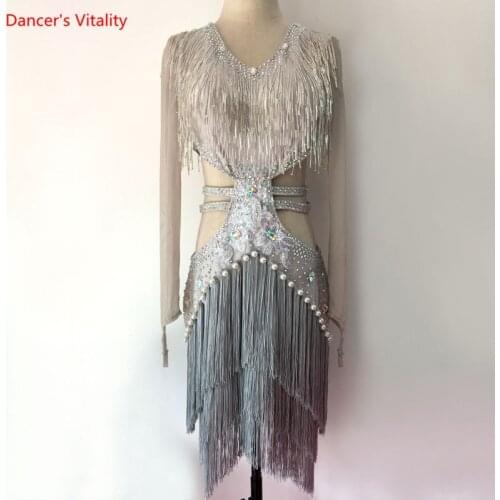Latin Dresses Sexy Latin Dance Dress Standard Women Stage Dance Wear Salsa Rumba Latin Skirt Customized Fringed Dress