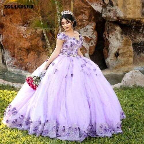 Beautiful Ball Gown Quinceanera Dress 2022 Tulle Appliques Flowers Long Skirt Purple Sleeveless Sweet 15 16 Birthday Sweep Train