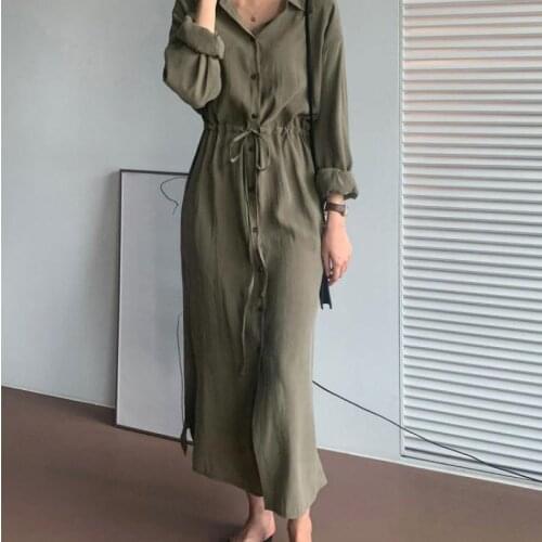 New Korean Waist Slimming Simple Army Green Retro Shirt Dress 2021 Spring & Autumn Leisure Women Belt Long Skirt Free Shipping