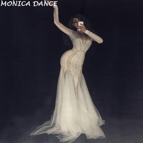 Women Sexy Stage White Yarn Long Dress Nightclub Party Stage Bling Clothing Stage Wear Costumes Fashion Show Dance Costumes