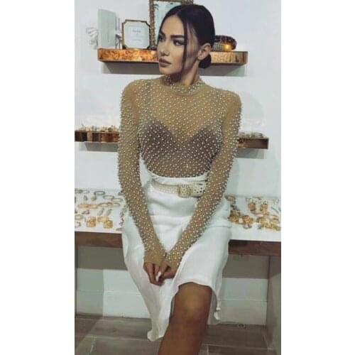 Women Sexy Fashion Beading Mesh Bodysuit 2020 One Piece Designer Long Sleeve High Street Celebrity Party Bodysuit