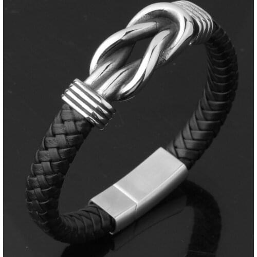 10.8mm Wide Hip-hop Black Wristband Braided Leather Mens Stainless Steel Silver Color Clasp Bangle Bracelet Christmas Gift 9"