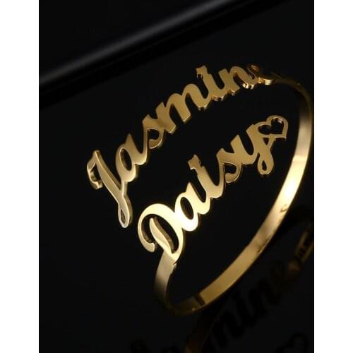 Stainless Steel Custom Name Heart Nameplate Bracelet Bangle Customized Personalized Adjustable Letter Bangles for Women Jewelry