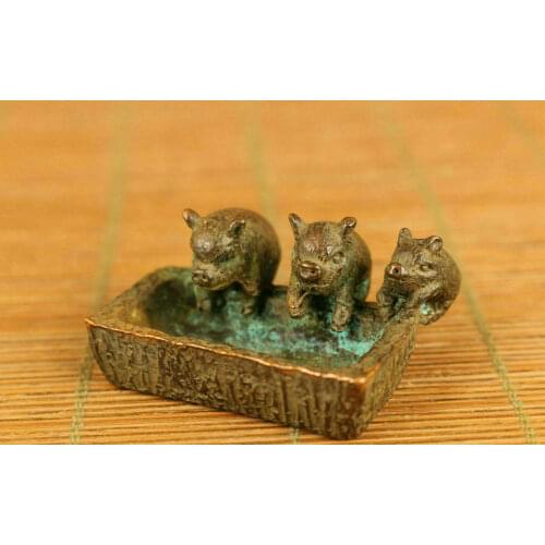 Bronze hand casting three pig propitious statue netsuke table decoration